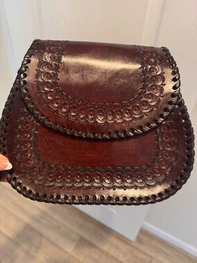 Handcrafted Dark Brown Tooled Leather Crossbody Bag